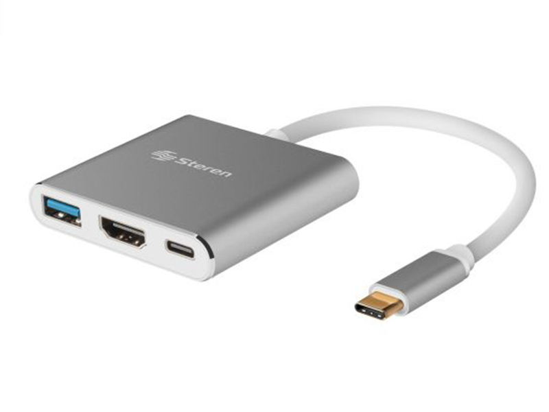 Steren, Adaptador USB C a HDMI, USB A y USB C (Gris)